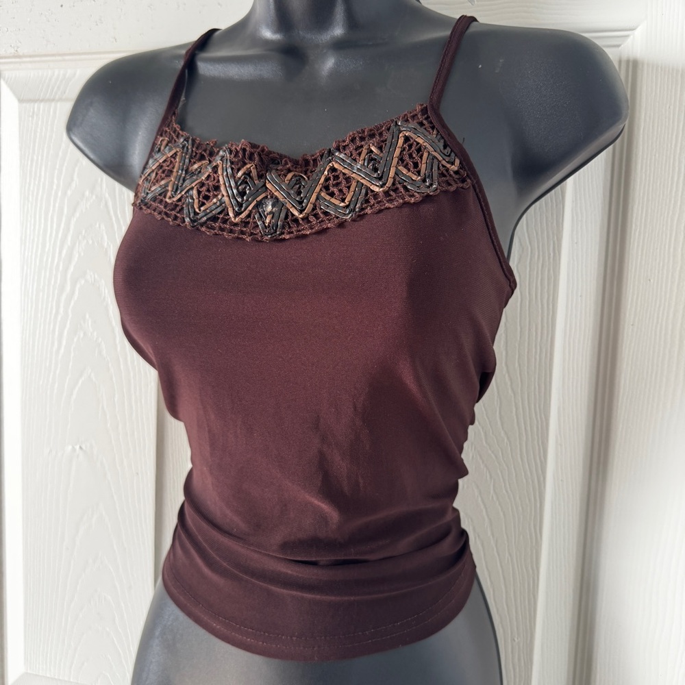 Womens vintage Brown net diamond design tank Top Size S bohemian camisole